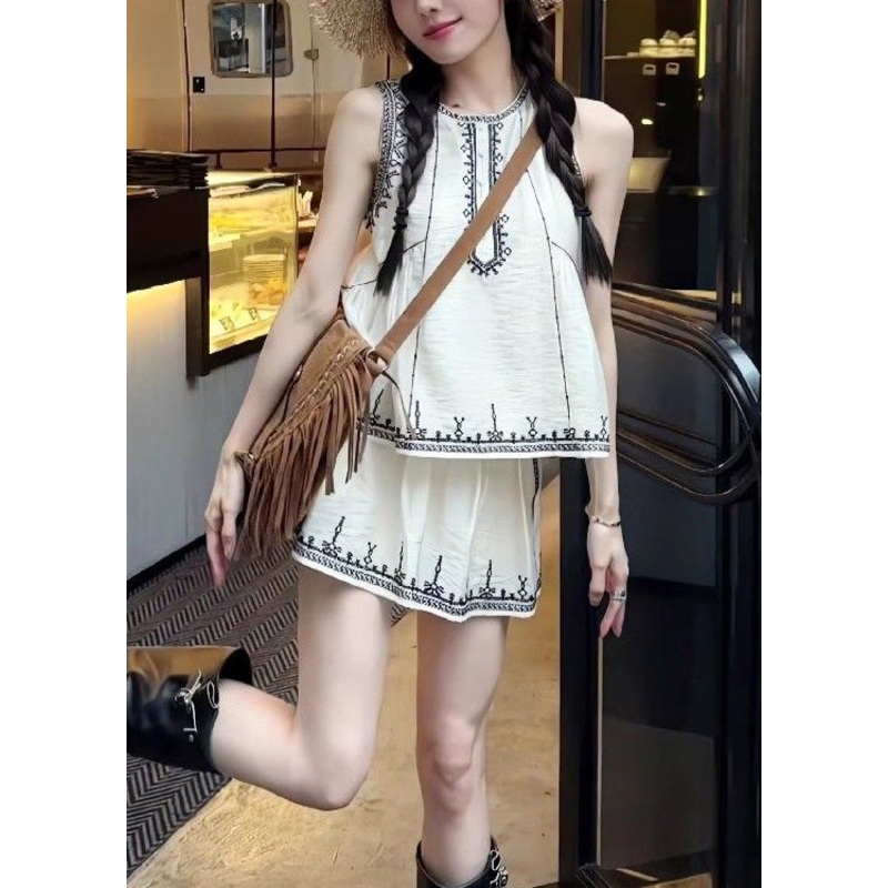 Art White Embroidered Tops And Skirts Cotton Two Pieces Set Sleeveless