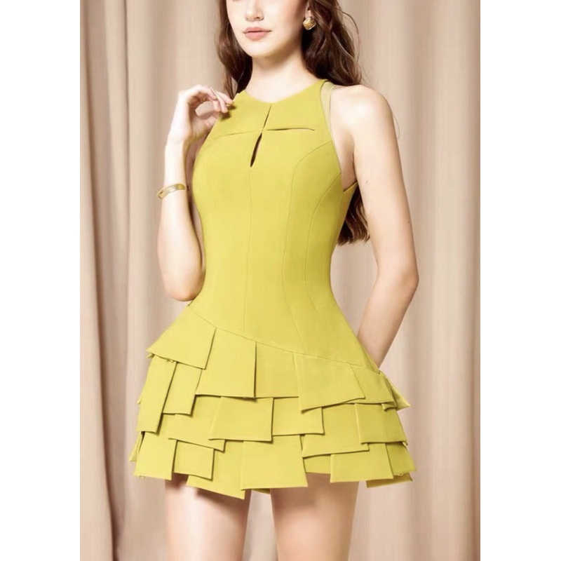 Art Yellow Asymmetrical Hollow Out Cotton Dress Sleeveless