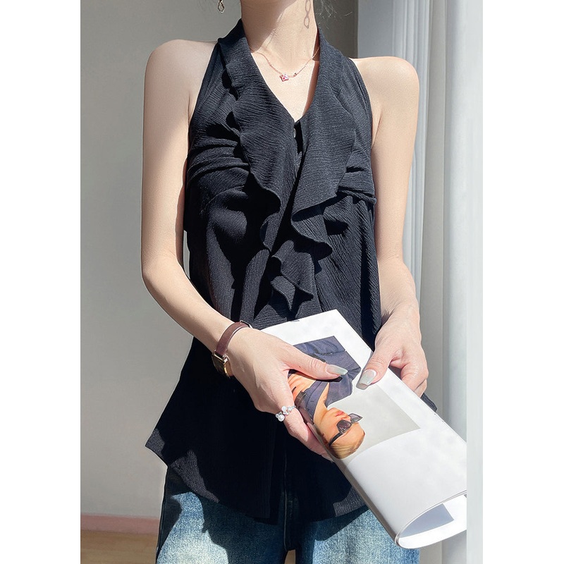 Black Backless Button Cotton Blouses Ruffled Summer