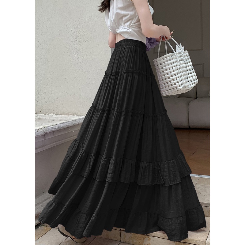 Black Elastic Waist Cotton Exra Large Hem Skirts Wrinkled