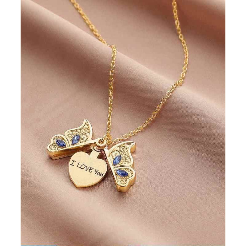 Boho Gold Copper Alloy Zircon Butterfly I Love You Pendant Necklace