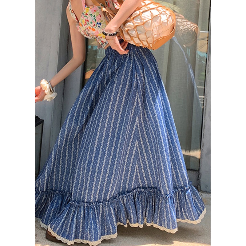 Chic Blue Ruffled Print Elastic Waist Cotton Maxi Skirts Summer