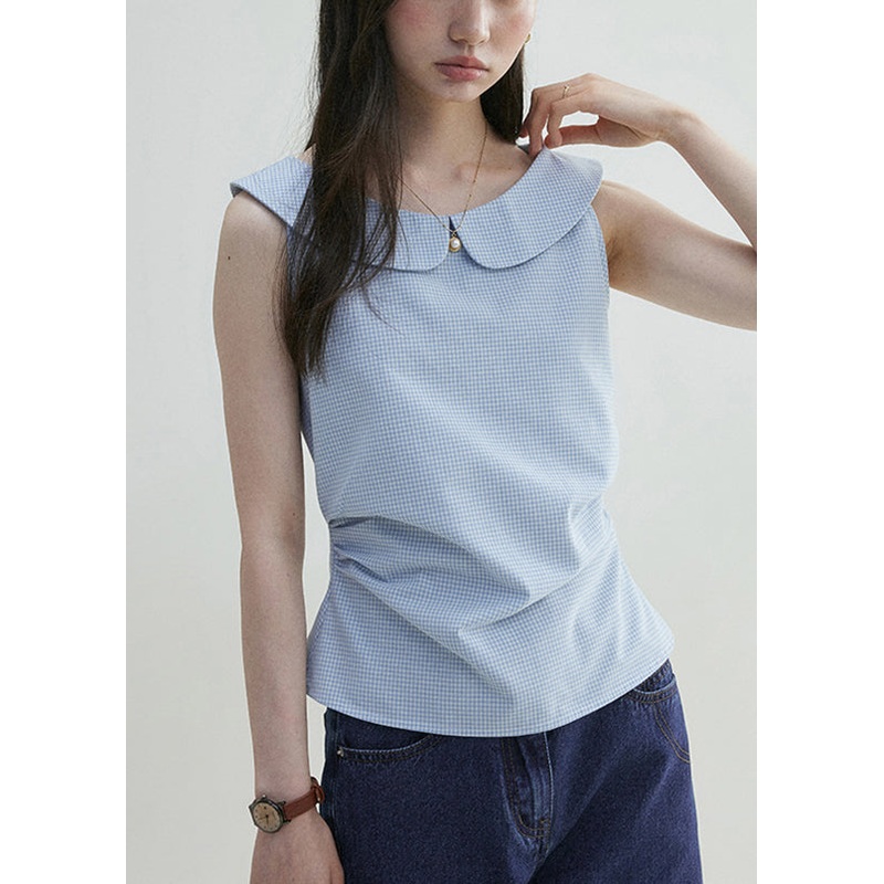 Elegant Blue Peter Pan Collar Plaid Cotton Shirt Sleeveless