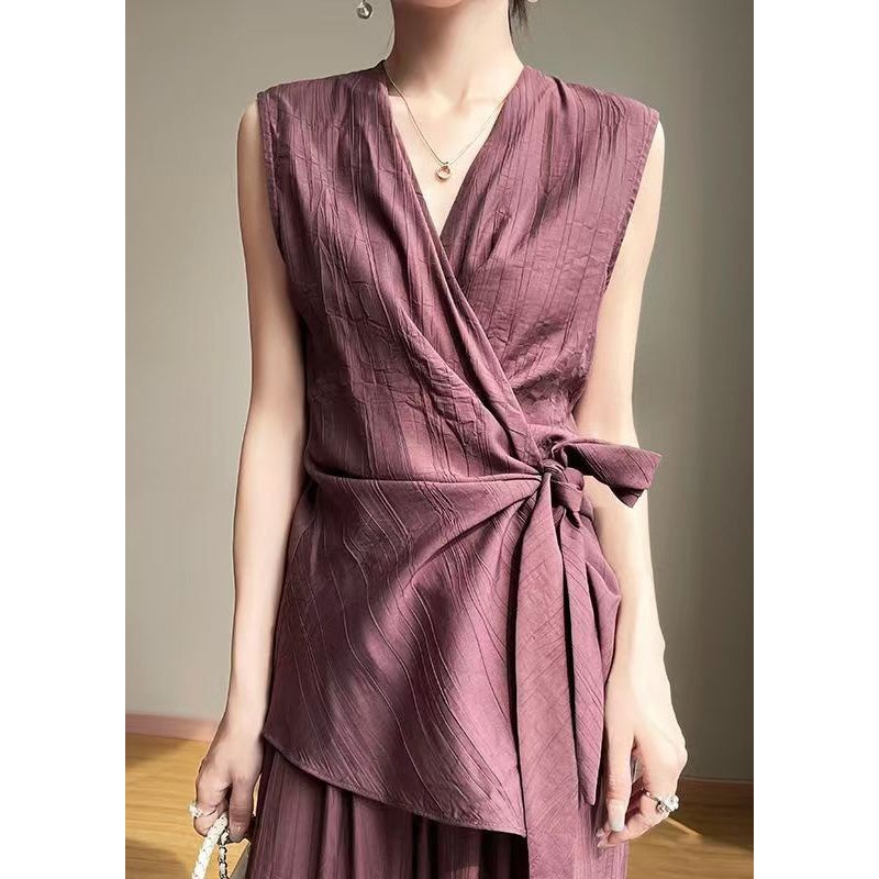 Elegant Purple Asymmetrical Lace Up Cotton Shirt Summer
