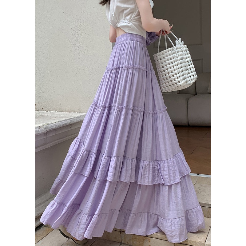 Purple Solid Patchwork Cotton Summer Maxi Skirts Ruffled