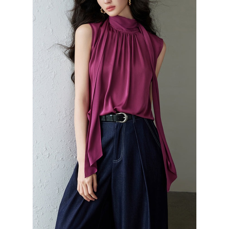 Rose Button Wrinkled Solid Silk Blouses Bow Summer