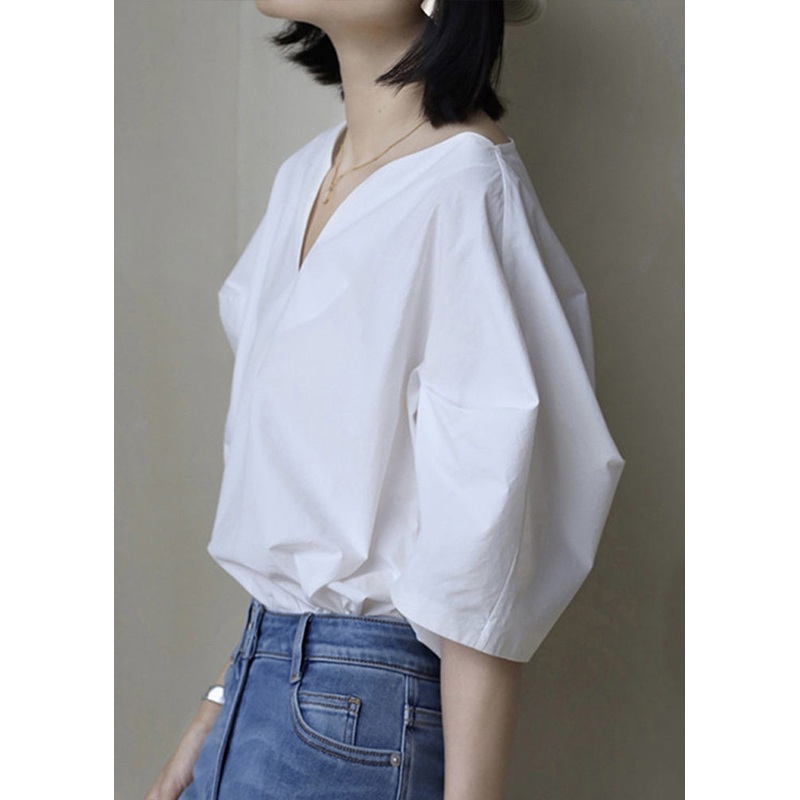 Simple White V Neck Solid Cotton Shirt Half Sleeve