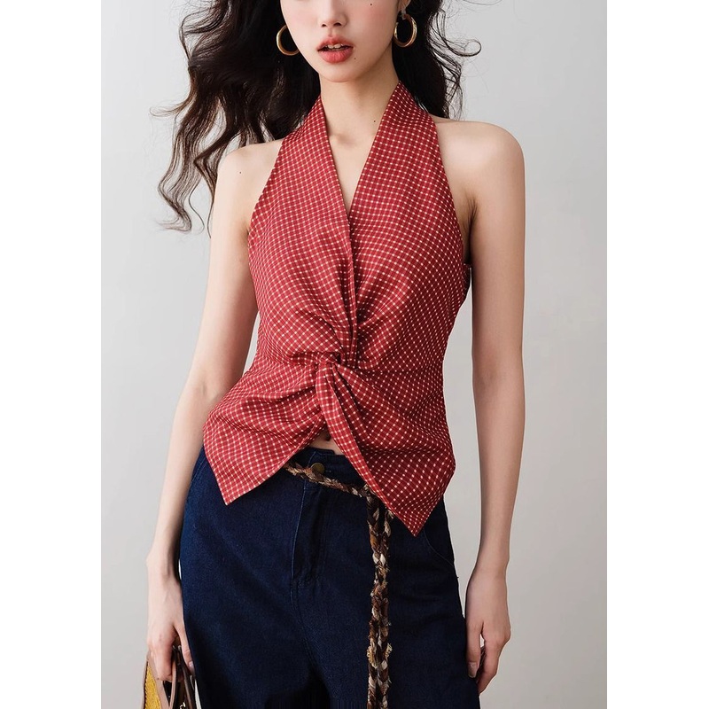 Slim Fit Red V Neck Plaid Cotton Tank Sleeveless