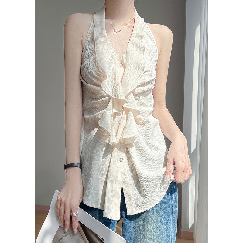 Stylish Beige Ruffled Button Cotton Shirts Sleeveless