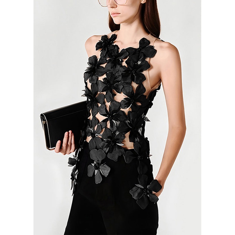 Stylish Black Asymmetrical Patchwork Tulle Tank Sleeveless