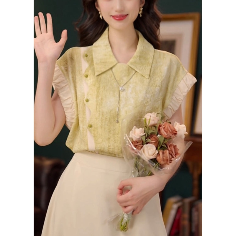 Stylish Green Peter Pan Collar Patchwork Cotton Shirt Summer
