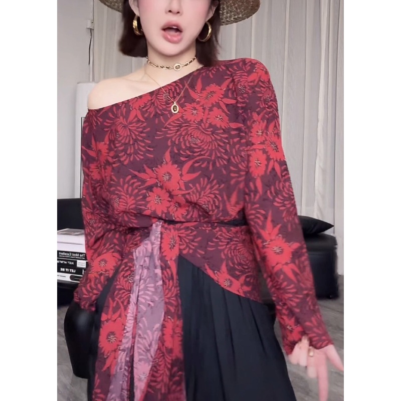Stylish Red Asymmetrical Print Tie Waist Cotton Shirts Fall