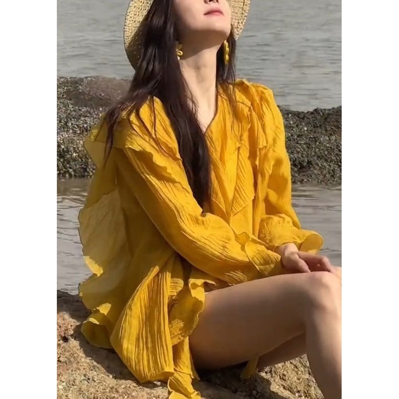 Stylish Yellow V Neck Ruffled Solid Chiffon Shirts Flare Sleeve