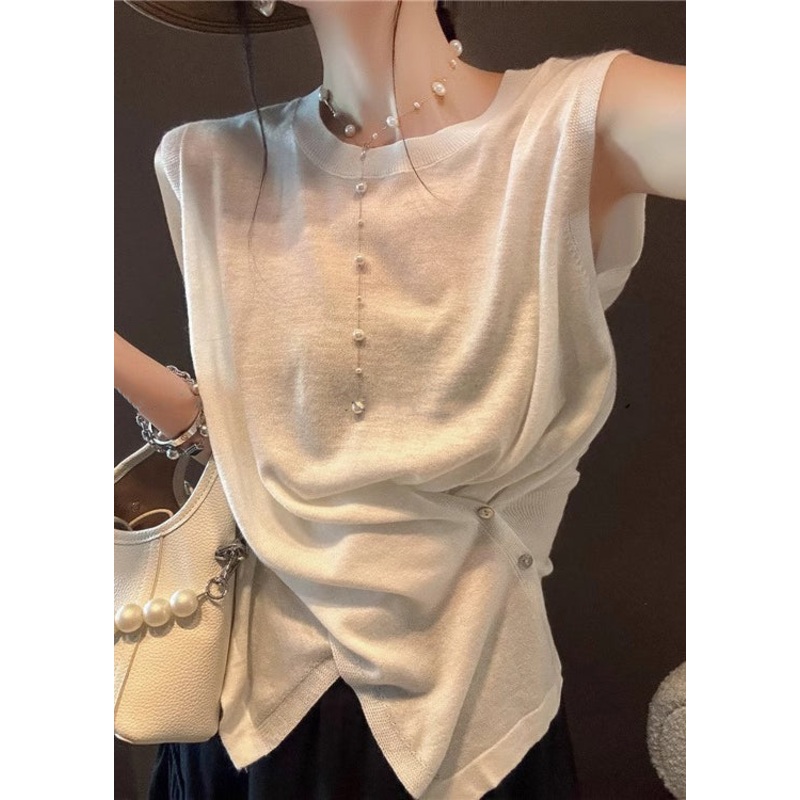 Women Apricot Asymmetrical Button Side Open Knit Tanks Sleeveless