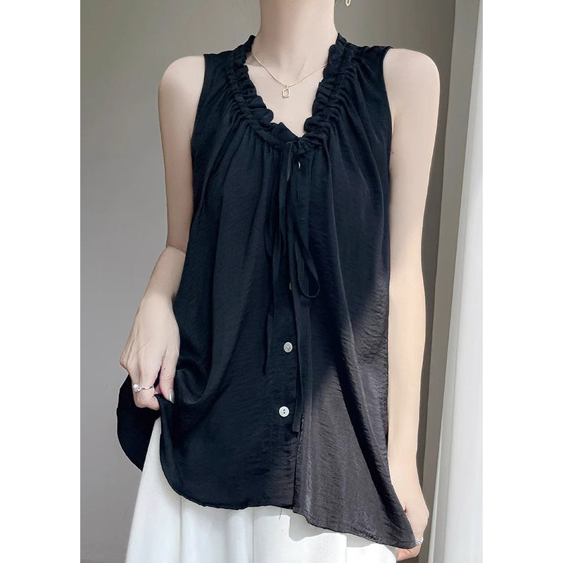 Women Black V Neck Ruffled Button Cotton Blouse Summer