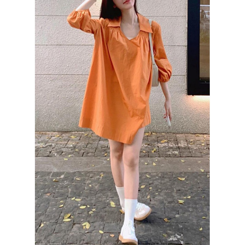 Women Orange Peter Pan Collar Wrinkled Cotton Shirts Dresses Lantern Sleeve