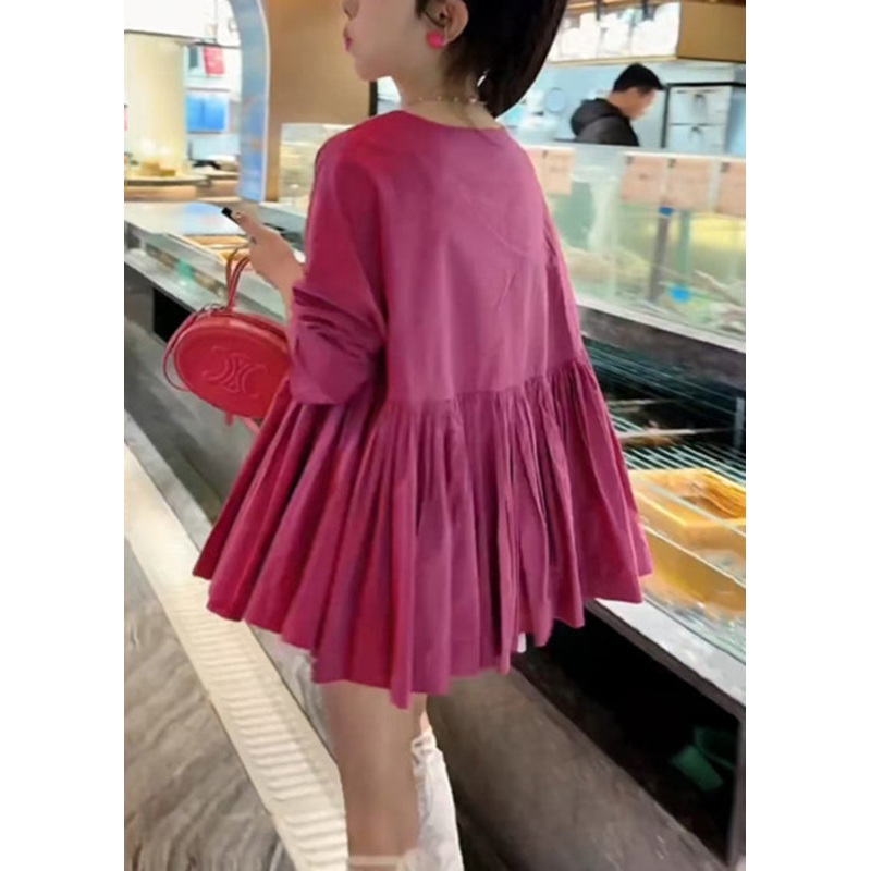 Women Rose O Neck Wrinkled Solid Cotton Shirts Fall