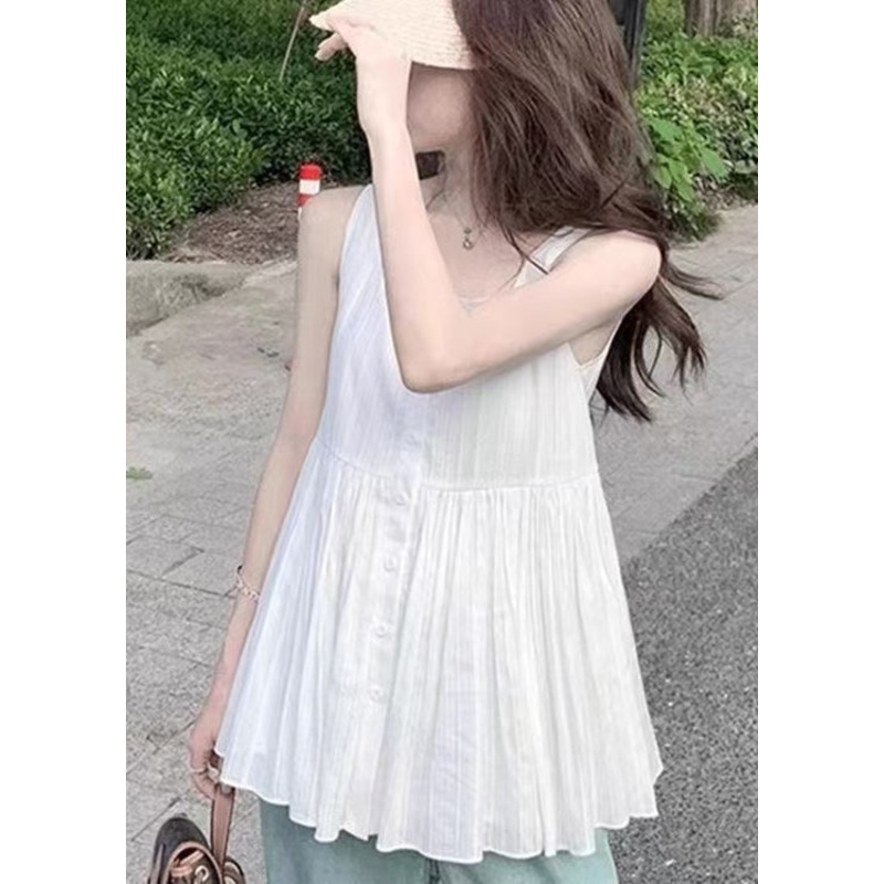 Women White Square Collar Wrinkled Cotton Shirt Sleeveless
