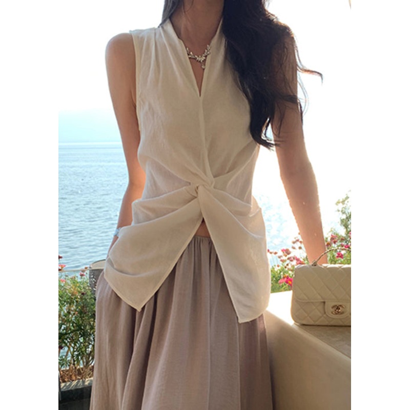 Women White V Neck Front Open Cotton Blouses Sleeveless