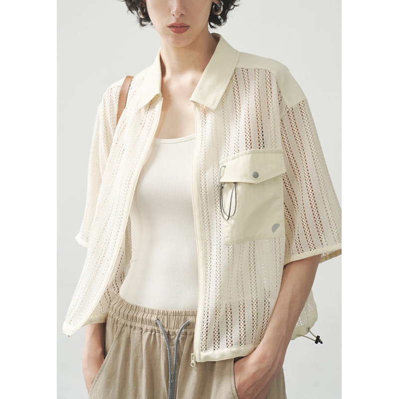 2025 Casual Beige Zippered Hollow Out Coat Short Sleeved