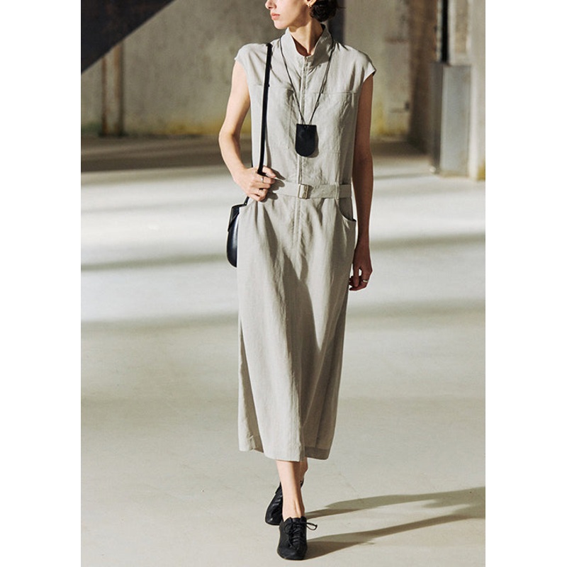 2025 New Stand Collar Pockets Cotton Long Dresses Summer