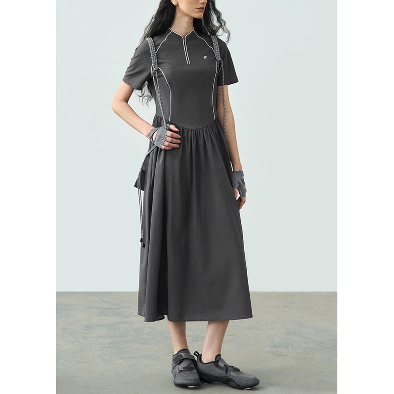 2025 Summer Dark Grey Stand Collar Wrinkled Splicing Dress