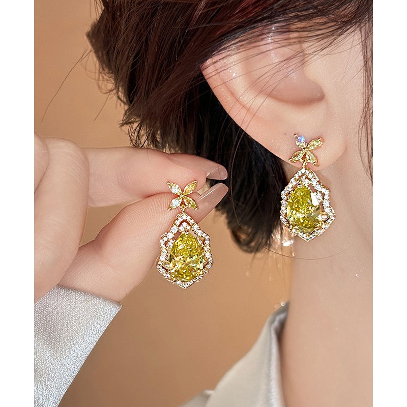 Art Yellow Copper Overgild Crystal Four Leaf Clover Drop Earrings