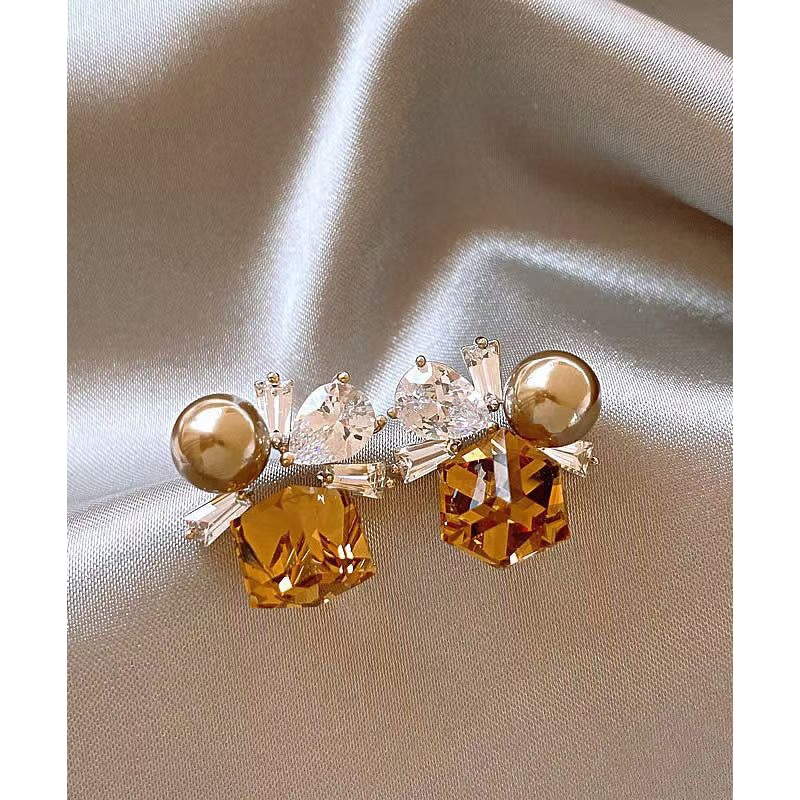 Bohemian Brown Alloy Crystal Pearl Stud Earrings