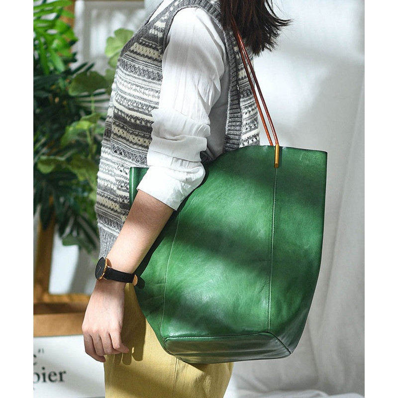 Boho Green Large Capacity Leather Bucket Bag