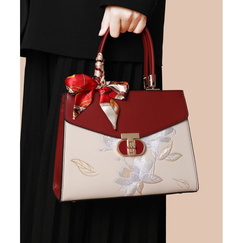 Boutique Colorblock Embroidery Calf Leather Tote Bag
