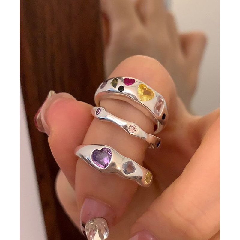 Boutique Rainbow Stainless Steel Asymmetrical Zircon Love Rings Three Piece Set