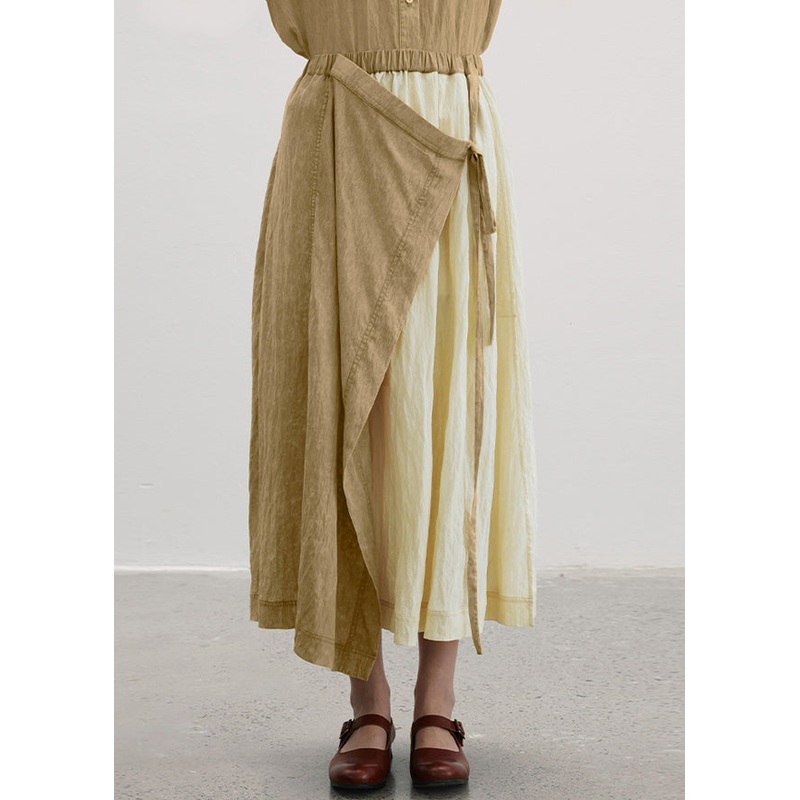 Casual Camel Wrinkled Asymmetrical Patchwork Cotton Skirt Summer