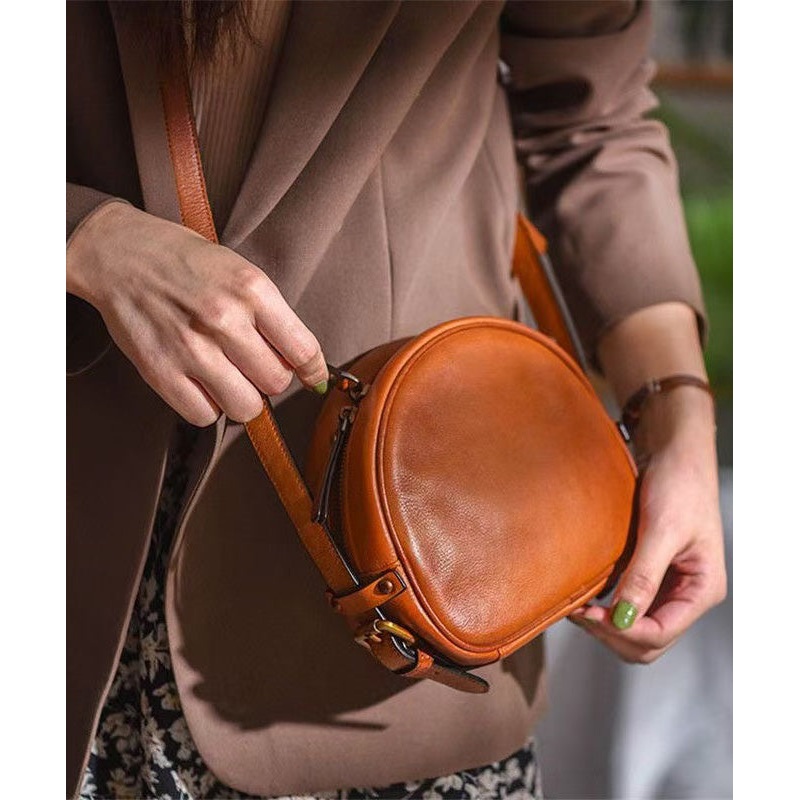 Casual Solid Durable Leather CrossBody Round Bag