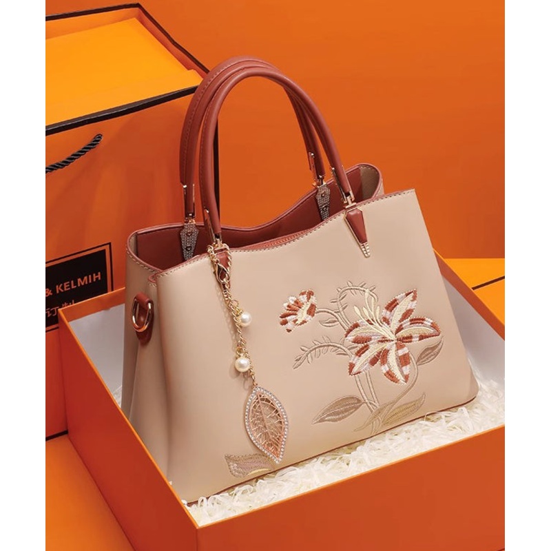 Chic Apricot Embroidery Calf Leather Tote Bag