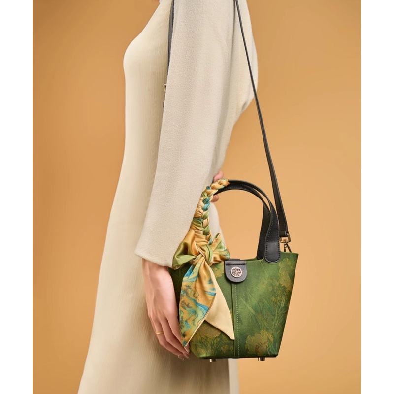 Chinese Style Green Print Silk Versatile Tote Handbag