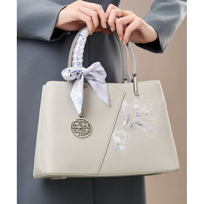 Classy Grey Embroidery Calf Leather Tote Bag