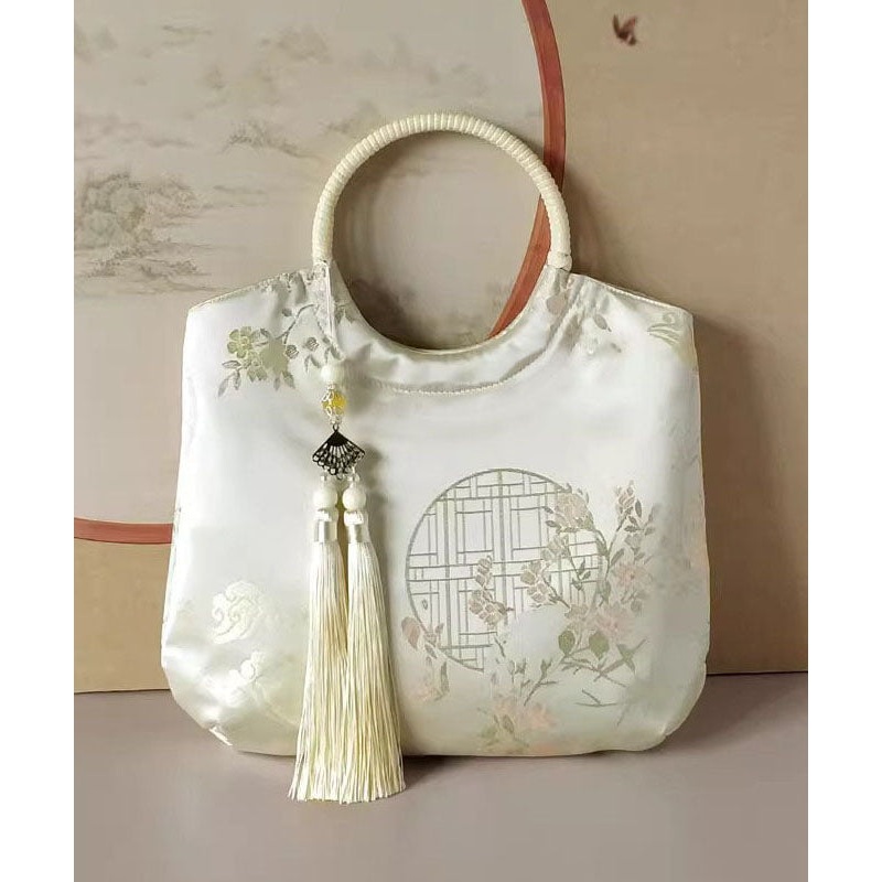 Original New Chinese Beige Tassel Print Tote Handbag