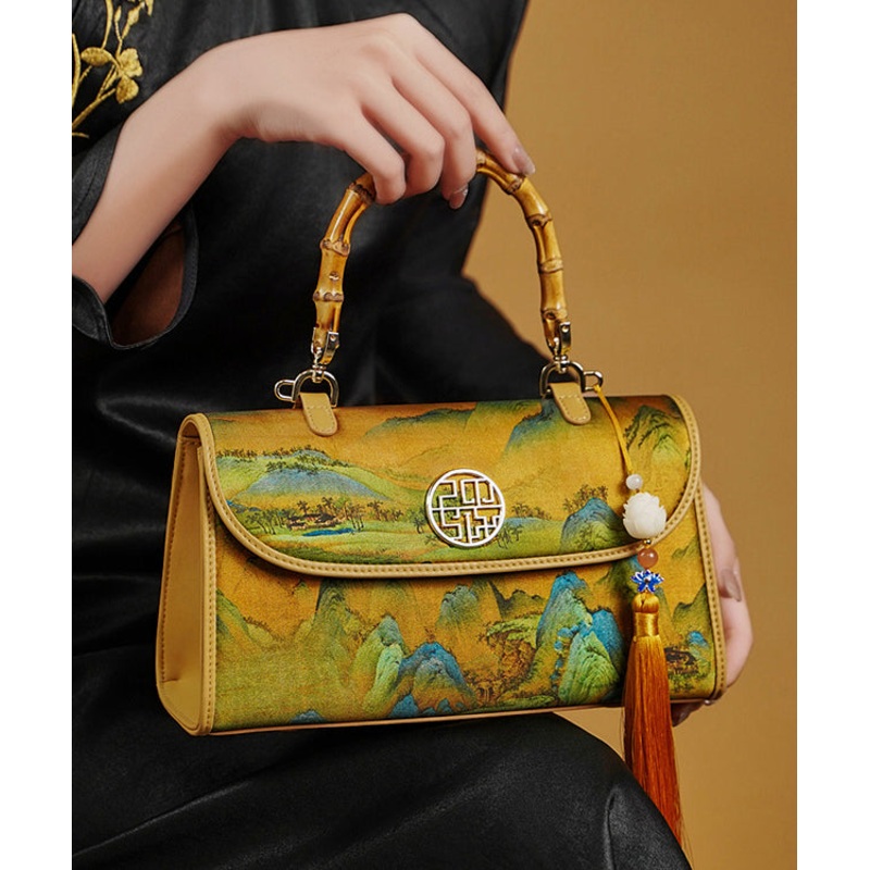 Retro Yellow Print Tassel Decorated Silk Tote Bag