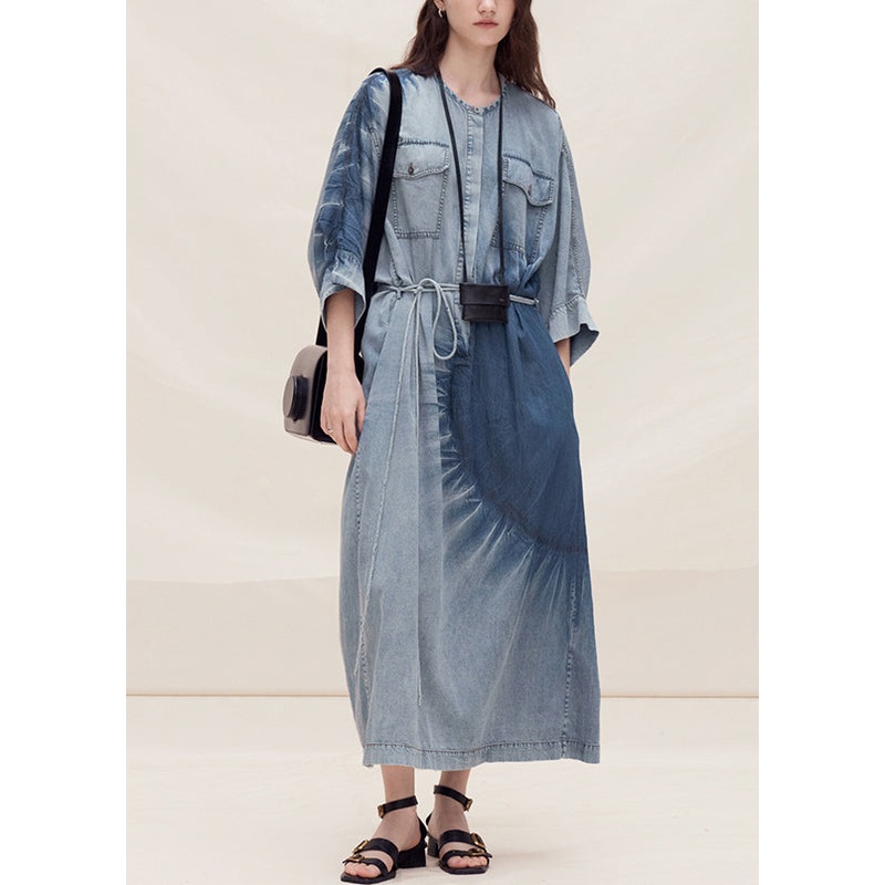 Women Blue O Neck Tie Dye Plus Size Denim Dress Summer