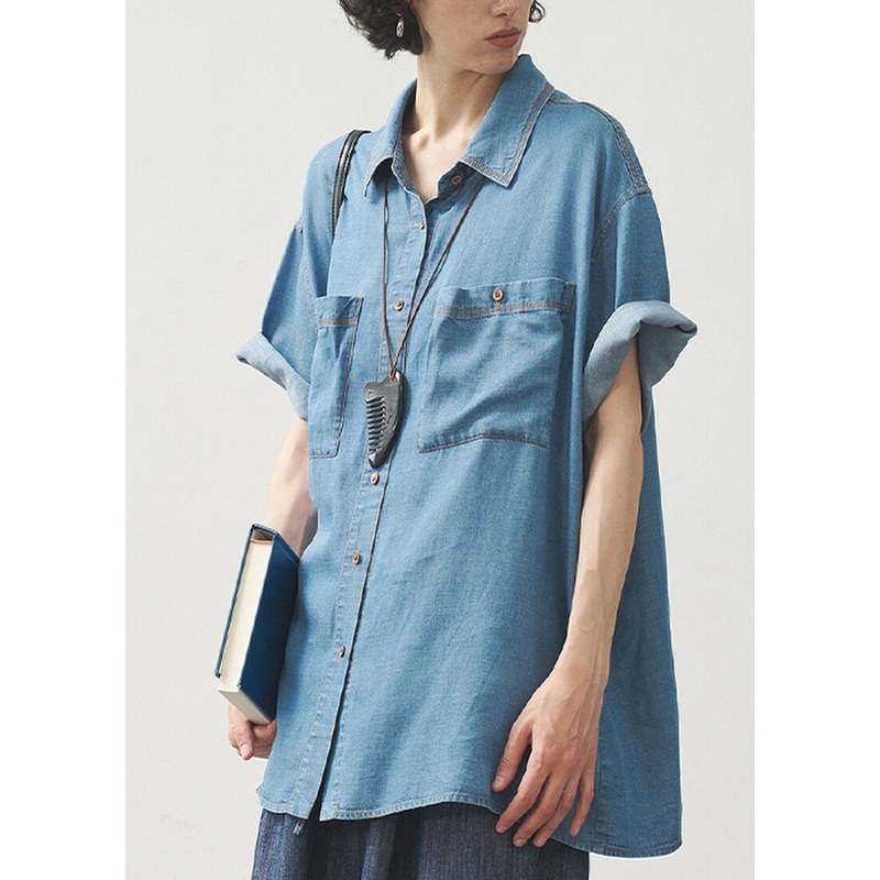 Women Blue Peter Pan Collar Pockets Button Denim Shirts Summer