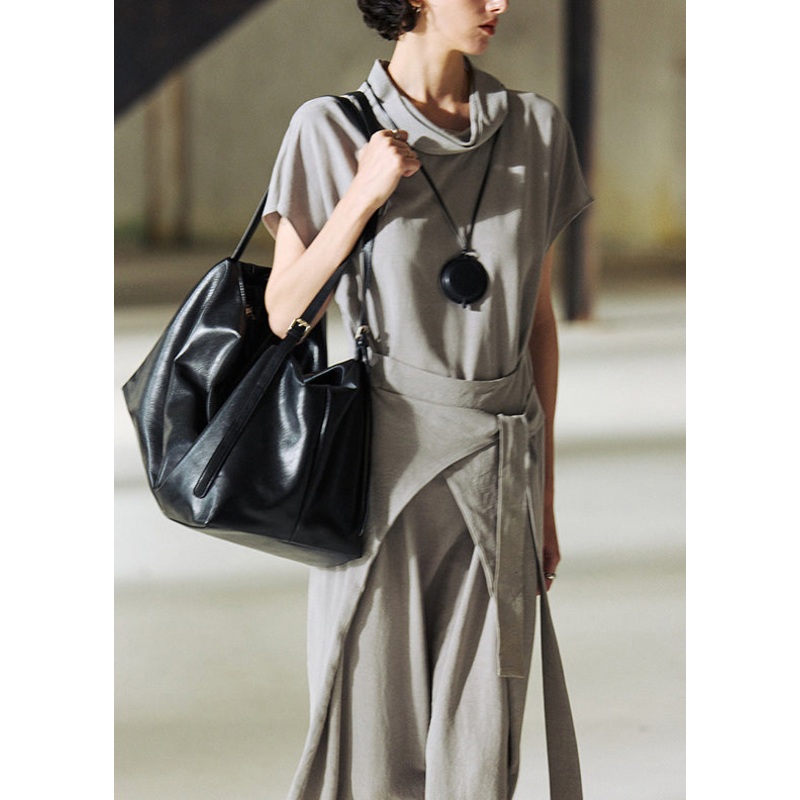 Women Grey Turtle Neck Lace Up Patchwork Cotton Long Dress Summer