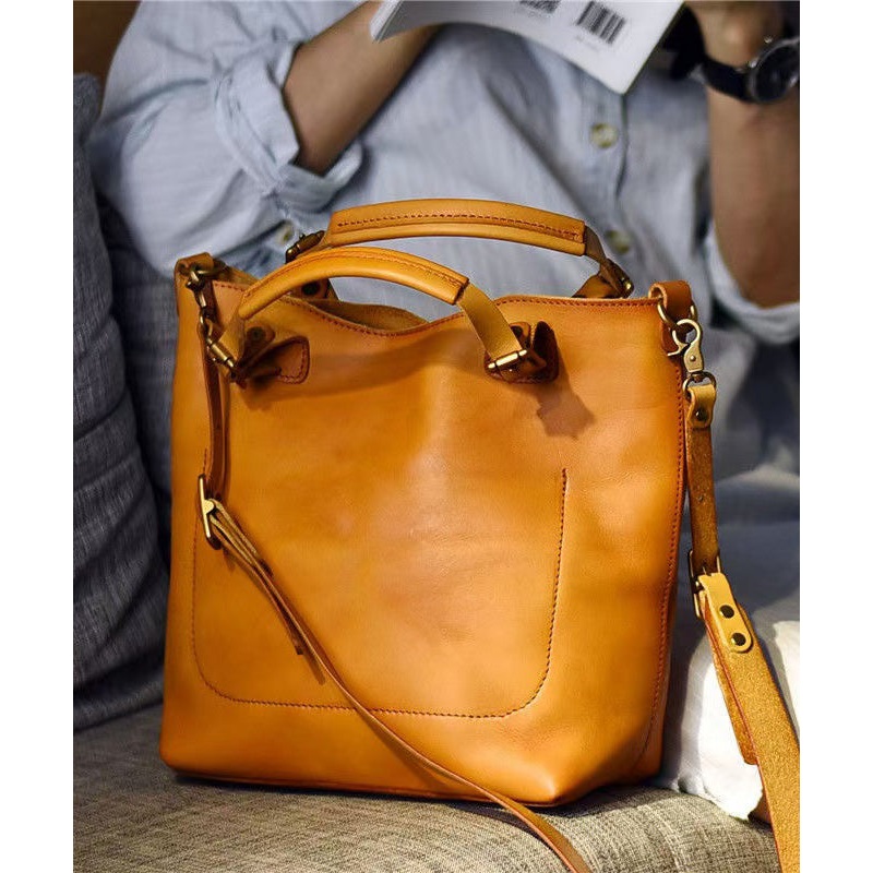 Women Orange Large Capacity Leather Tote Handbag
