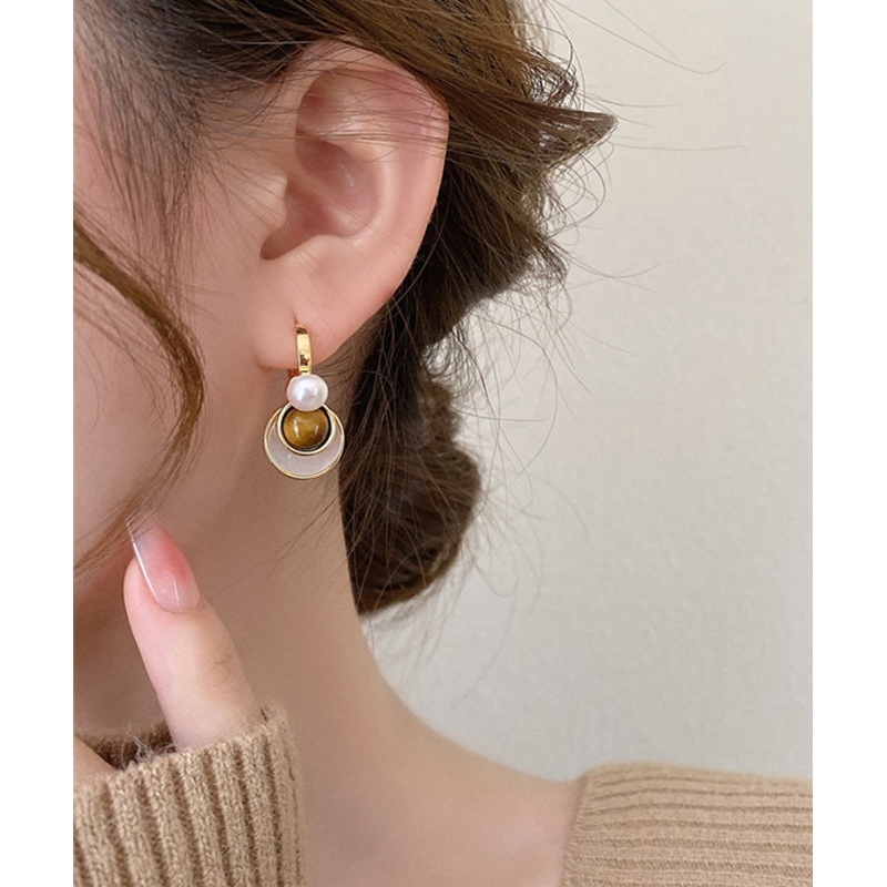 2025 New Brown Copper Overgild Tiger Eye Stone Shell Glass Hoop Earrings