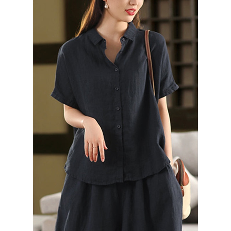 Black Button Solid Linen Summer Blouses Peter Pan Collar
