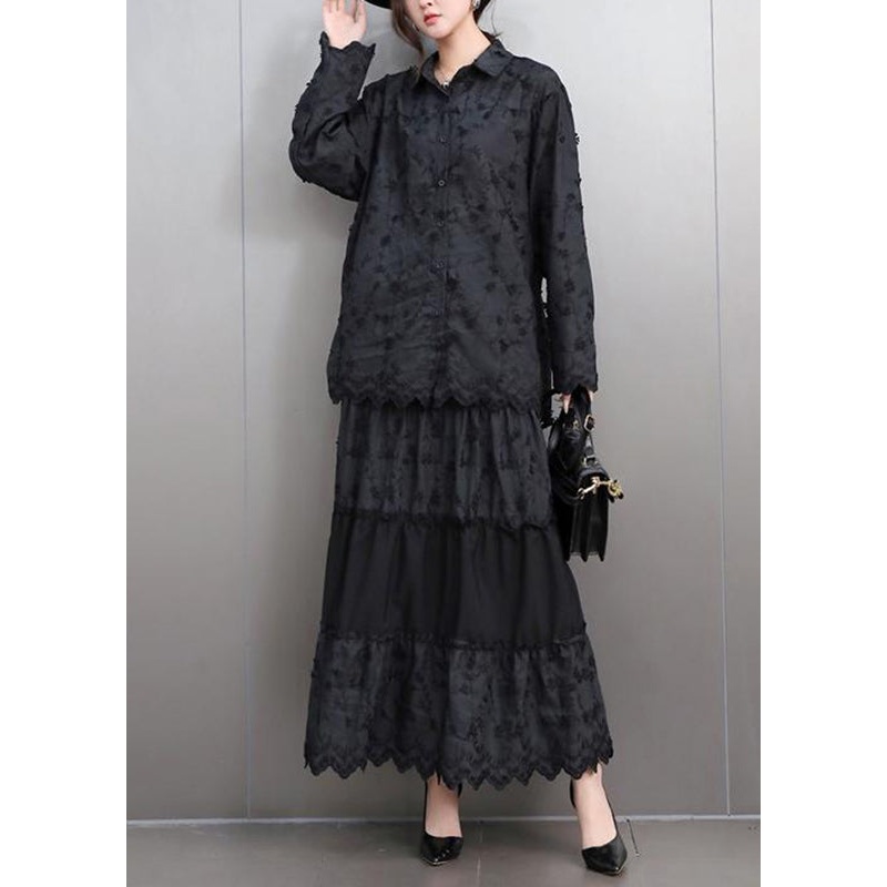 Black Lace Top And Maxi Skirts Two Pieces Set Peter Pan Collar Fall