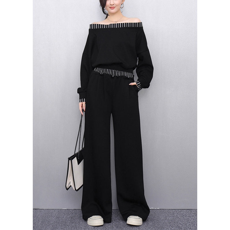 Black Slash Neck Top And Wide Leg Pants Two Pieces Set Fall