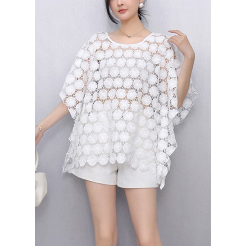 Bohemian White O-Neck Hollow Out Lace T Shirt Summer