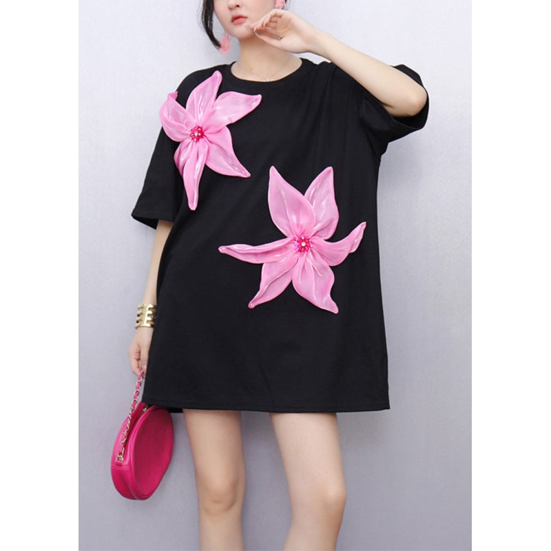 Boho Black Oversized Floral Decorated Cotton Tops Summer