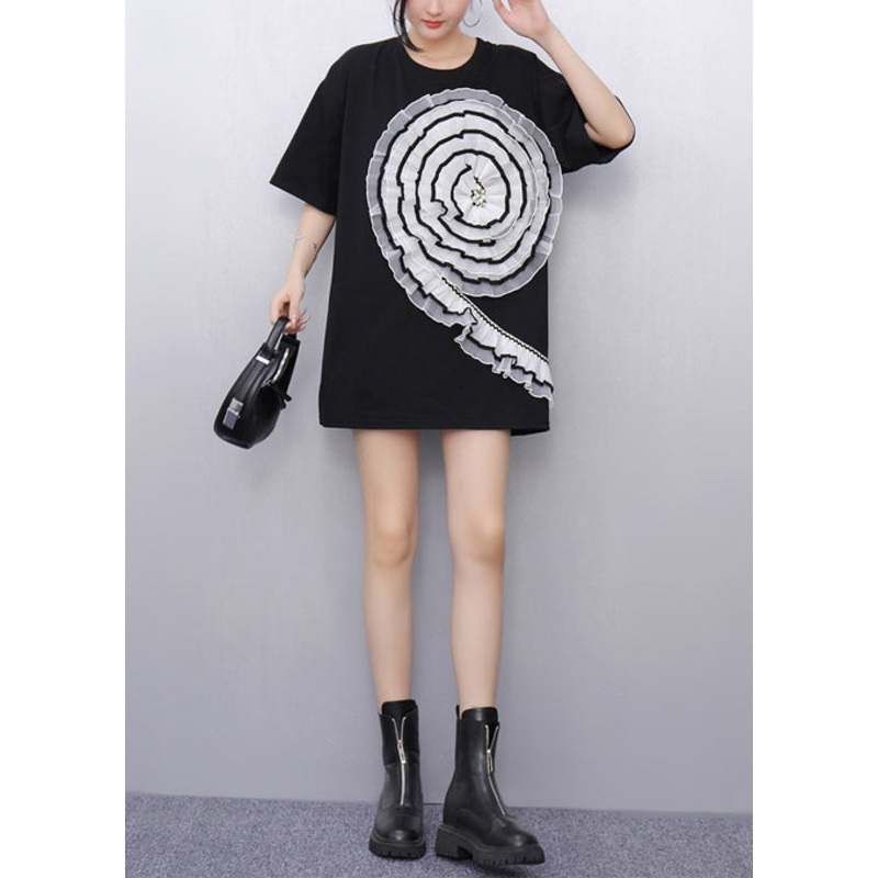 Casual Black Ruffled Patchwork Tulle Long Tops Summer