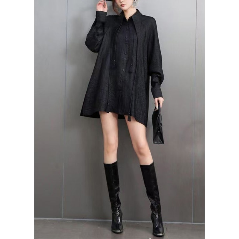 Chic Black Tasseled Oversized Cotton Blouses Fall